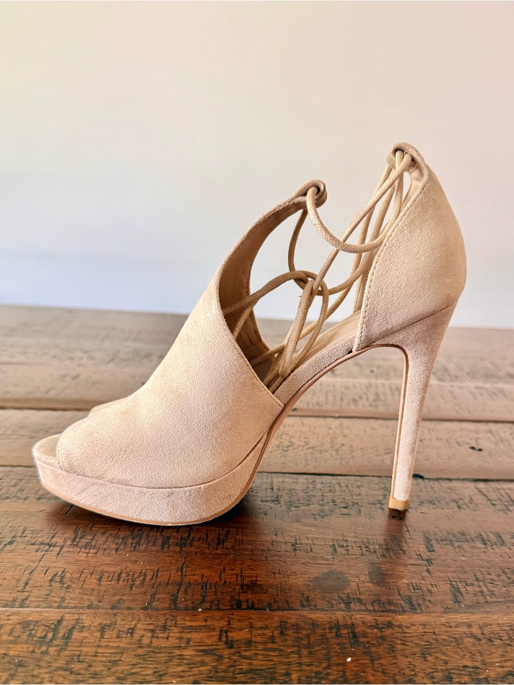 Fashare Open-Toe Lace-Up High Heel in Nude Suede Look SZ.7